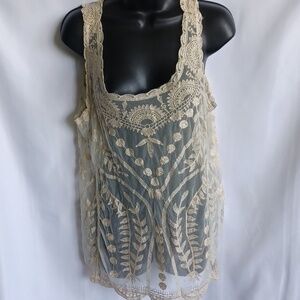 It's Pink Cream/gold Sleeveless Embroidered Tank, Sheer, Feminine. Boho ,Y2K